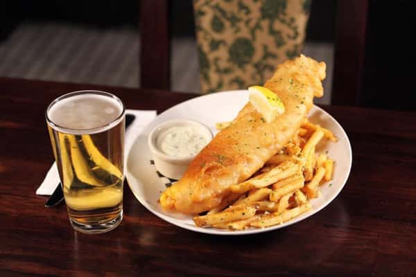Fried dish with fries and beer
