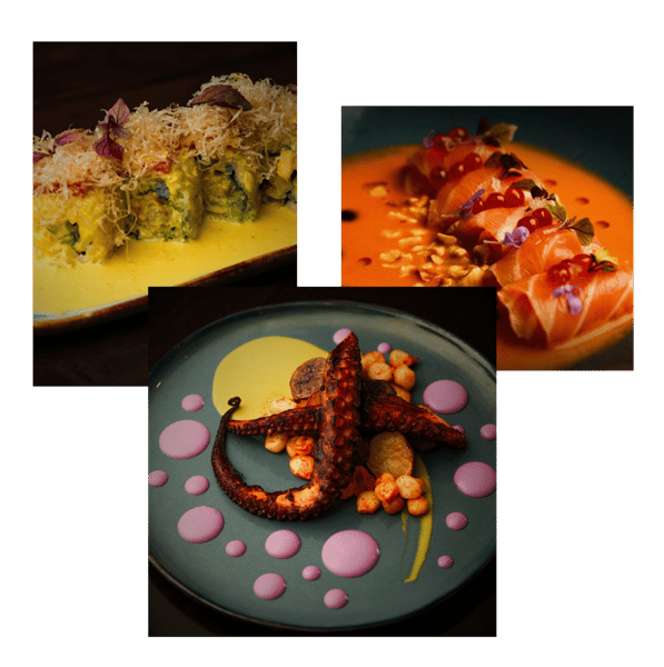 Collage of artfully plated sushi rolls, glazed grilled skewers, and a gourmet seafood entrée presented with elegant fine dining styling.