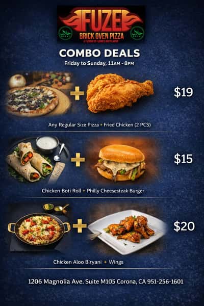 Combo Deal. Includes Pizza and Fried Chicken. Chicken Tikka Boti and Philly Cheesesteak Burger, Chicken Biryani and Wings