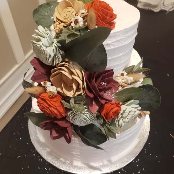 3 TIER WEDDING CAKE WITH FAUX WOOD FLOWERS