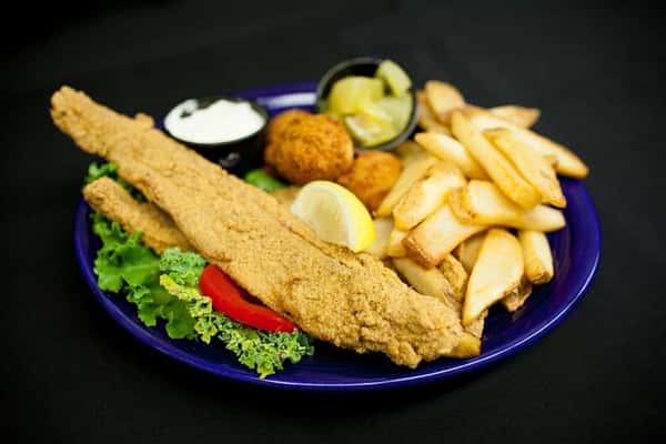 fried seafood platter with fries