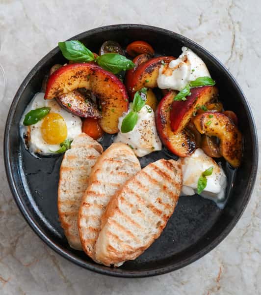 peach and burrata