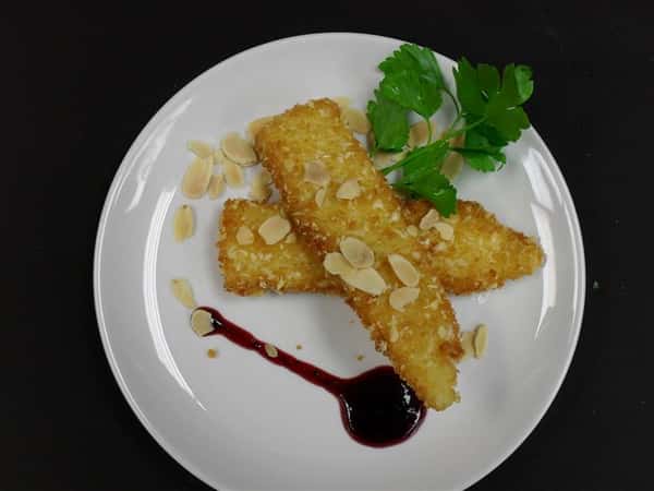 fried almond breaded brie * forest berry jam