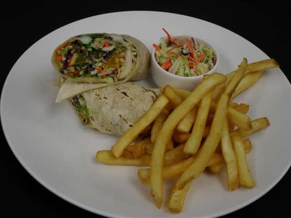 wrap with a side of french fries and cole slaw