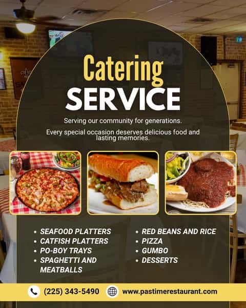 From family gatherings to office lunches, let us bring the flavor to your next event. Great food makes every occasion even more memorable.

From birthdays to family reunions, we're honored to be part of your special moments. Thank you for making us a long-time local favorite.

#CateringService #ThePastimeRestaurant #FamilyGatherings