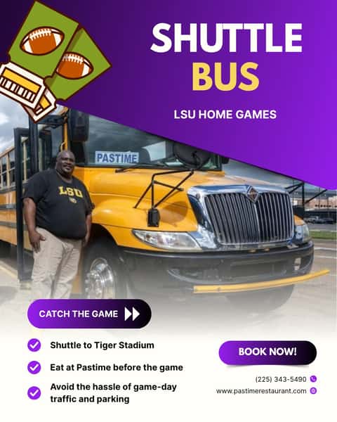 Game day starts at Pastime! 🐯🏈 Grab a bite before heading to Tiger Stadium, then hop on the Pastime shuttle and leave the traffic and parking hassle behind. It's a game-day tradition that's been going strong for 20+ years. 💜💛

#PastimeRestaurant #LSU #LSUFootball