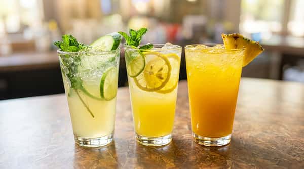 Three colorful drinks in glasses: a clear one with cucumber and mint, a yellow one with lemon, and an orange one with pineapple.