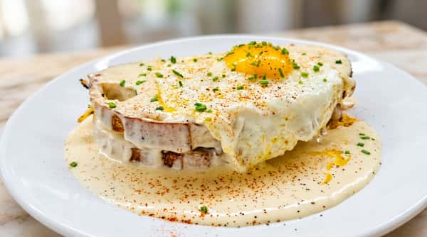 Croque Madame with a fried egg, cream sauce, chives, and paprika on a white plate.