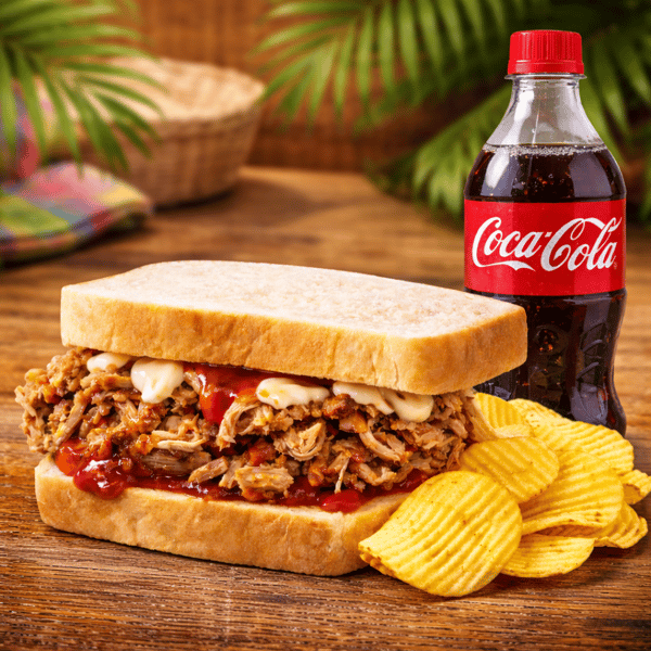 Tropical Paradise Pork Sandwich Combo with Chips and 20 oz. Soda bottle