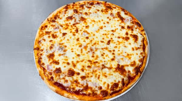 Cheese pizza with golden-brown crust and melted mozzarella cheese, on a metal surface.