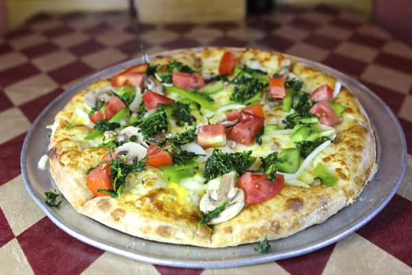cheese pizza with mushrooms, tomato, and spinach