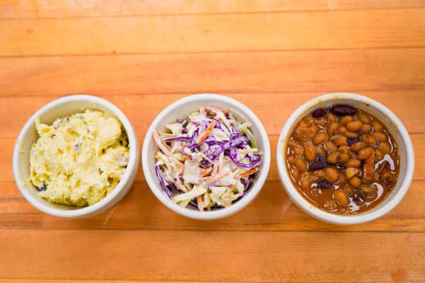coleslaw, baked beans, potato salad sides