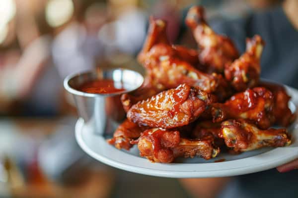 Plate of glazed chicken wings served with a small cup of dipping sauce