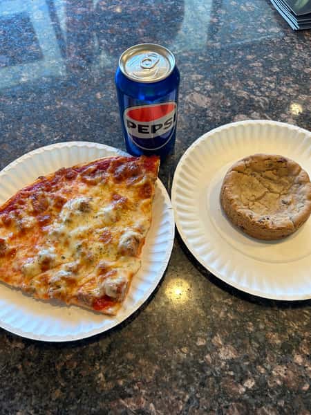 Slice, Can of Pop, Dish Chocolate Chip Cookie