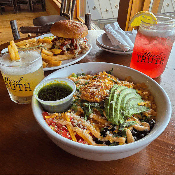 southwest chicken bowl, ranch hand and Hard Truth cocktails