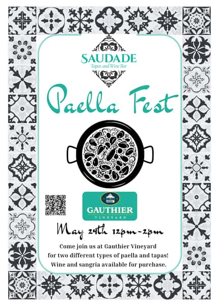 Paella Fest Flyer for May 24th 12pm-2pm at Gauthier Vineyard.