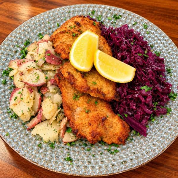 Wiener Schnitzel
Pan fried breaded veal eye round cutlets finished w/ a fresh squeeze of lemon served w/ same sides as jaeger schnitzel