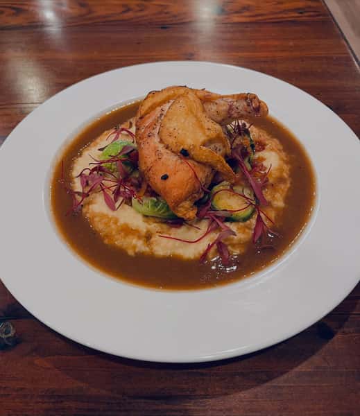 Airline Chicken Breast
Served over roasted apple & parsnip puree w/ bourbon/maple & bacon brussels sprouts & peppered red wine demiglace