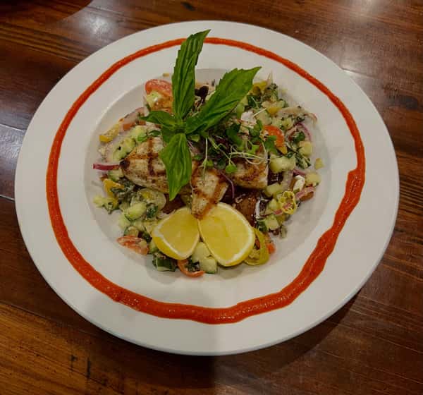 Greek Style Swordfish (Grilled)
w/ crispy lemon & feta potatoes heirloom tomato, cucumber, pepperoncini & basil salsa & sweet red bell pepper coulis