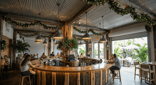 Interior of Bayshore Club featuring its 360-degree bar with tropical and aviation-inspired design.