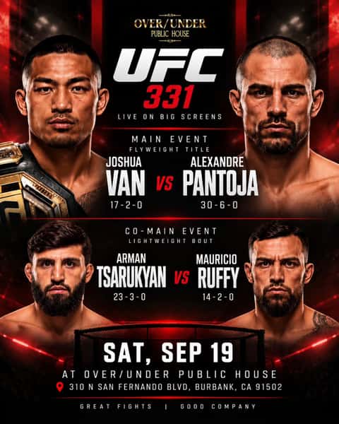 UFC 331 is taking over the screens this Saturday 🔥🥊

Early Prelims start at 2:30 PM PT
Prelims at 4:00 PM PT
Main Card at 6:00 PM PT

Catch every fight live at Over/Under Public House with big screens and fight-night energy all afternoon and evening.

📍 310 N San Fernando Blvd, Burbank, CA 91502

#UFC331 #FightNight #Burbank #UFCWatchParty #OverUnderPublicHouse