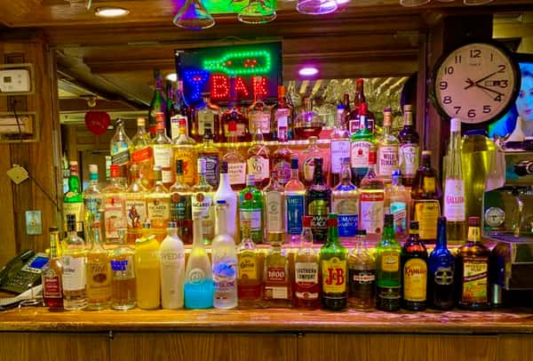 bar with various alcoholic beverages
