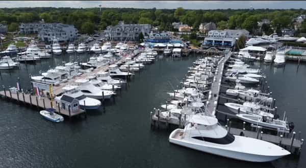 aerial view of marina with yachts