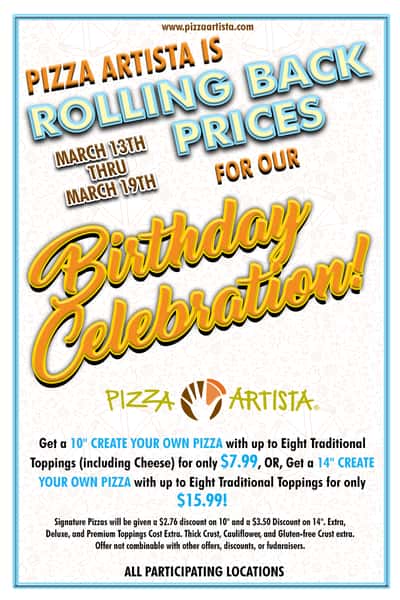 We are Rolling Back our Prices! Pizza Artista and Pizza Amore