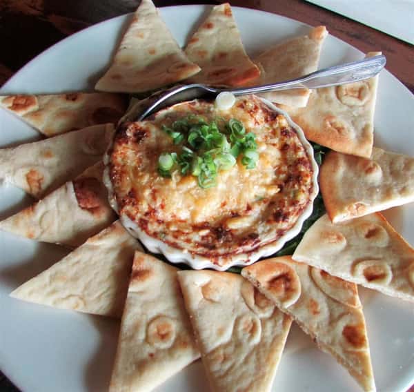 Baked Crab, Shrimp And Artichoke Dip With Grilled Pita Triangles