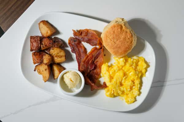 Applewood Bacon Breakfast- bacon, eggs, homestyle potatoes, biscuit