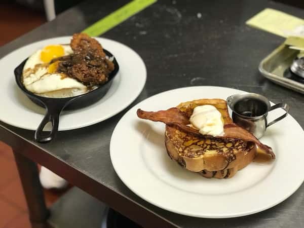 egg dish served in a skillet, and french toast dish
