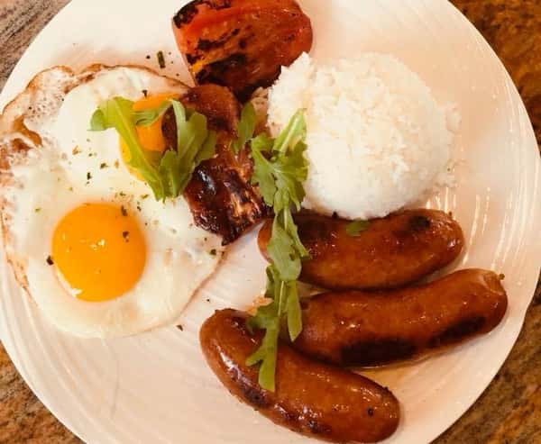 fried egg with sausage and rice