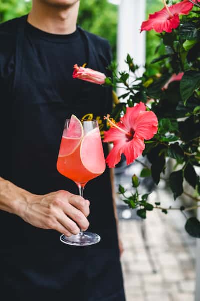 waiter holding pink cocktail next to hibiscus bloom