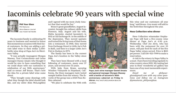 News article - Iacominis celebrate 90 years with special wine