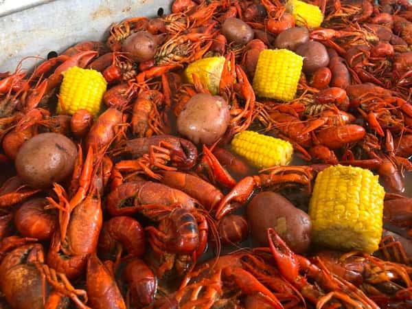 boiled crawfish with potatoes and corn