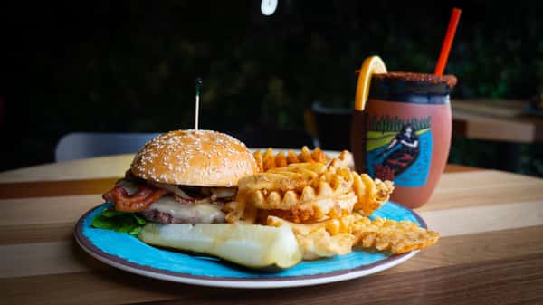 Burger and waffle fries