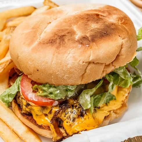 Deli burger and fries