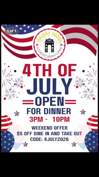 GET $5 OFF! DINE IN, TAKE OUT AND ONLINE 
Happy 4th of July!  #greatdeals #bestinfianrestaurant #MidvaleUT #utahgoodfood #greatindia  Singh Sukhpal Gurinder