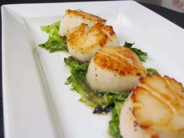 Seared Scallops - Fresh sea scallops sauteed to perfection, served atop wilted greens and drizzled with our scrumptious house made orange caramel reduction.