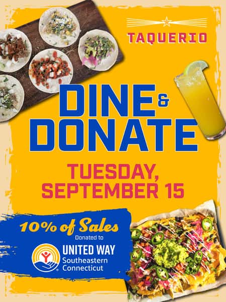 Join us on Tuesday, September 15th and enjoy some of your favorites while giving back! 

10% of sales will be donated to United Way of Southeastern Connecticut. 💙🌮🍹

See you Tuesday! 

@unitedwaysect

#Taquerio #MysticCT #CTEats #Community #DineandDonate #UnitedWay