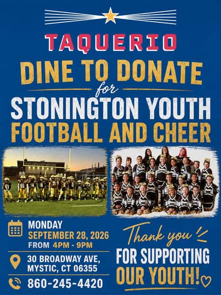 🌮💙 Dine, donate & support Stonington Youth Football & Cheer! 🏈📣
Join us on Monday, September 28th from 4–9 PM and a portion of the evening’s proceeds will benefit Stonington Youth Football & Cheer!
Bring the family, grab some tacos, and help support our local athletes! 🌮🏈💙
📅 Monday, September 28th
⏰ 4–9 PM
📍 Taquerio
#Taquerio #DineandDonate #MysticCT #CTEats #Community #StoningtonCT