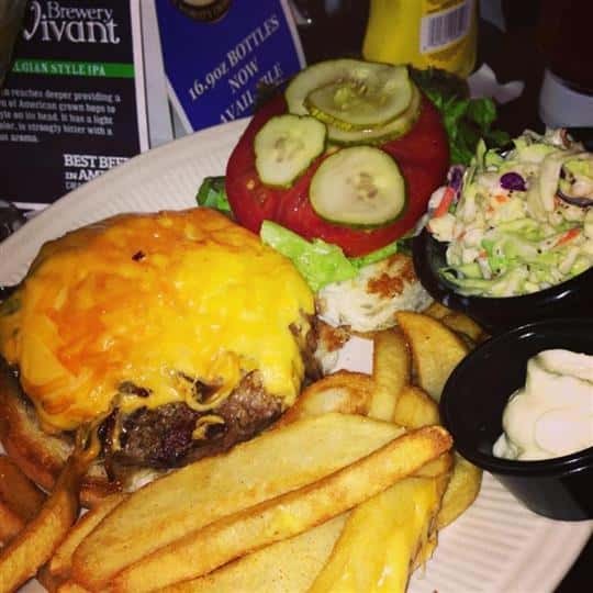 Open faced cheese burger served wtih French fries, coleslaw, and a dipping sauce
