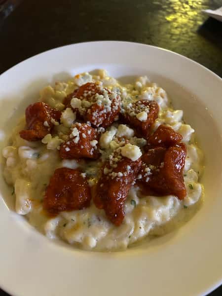 Buffalo Bleu Bites over Mac and Cheese