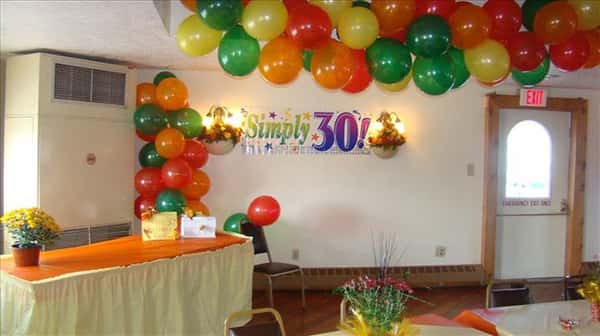 Green, yellow, orange and red balloon-formations decorating the ceiling, birthday banner on the wall and a table set eith presents on top in a room decorated for a special occasion