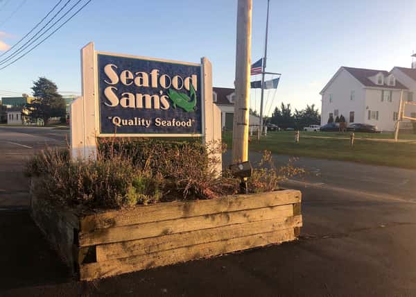 Seafood Sam's sign outside the restaurant in Sandwich