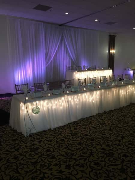 Wedding party table set up with glass wear and dish wear with candles