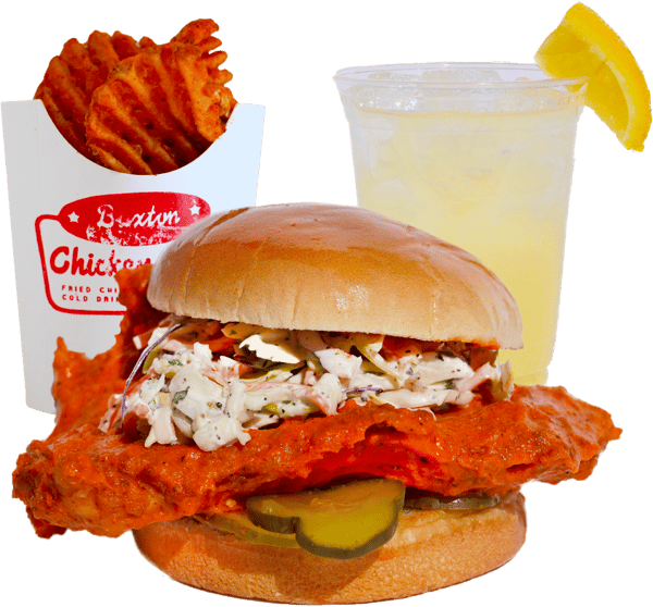 chicken sandwich with waffle fries and lemonade