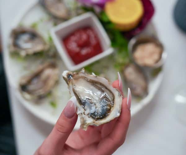 Fresh Blue Point Oysters on Half Shell, hand model