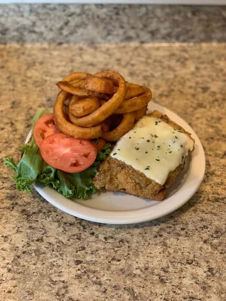 Baked Haddock Sandwich with Cheddar Cheese and Onion Rings