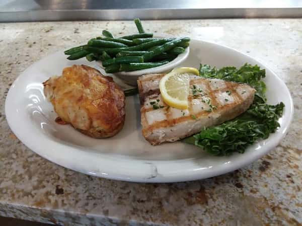Swordfish with twice baked potato and string beans